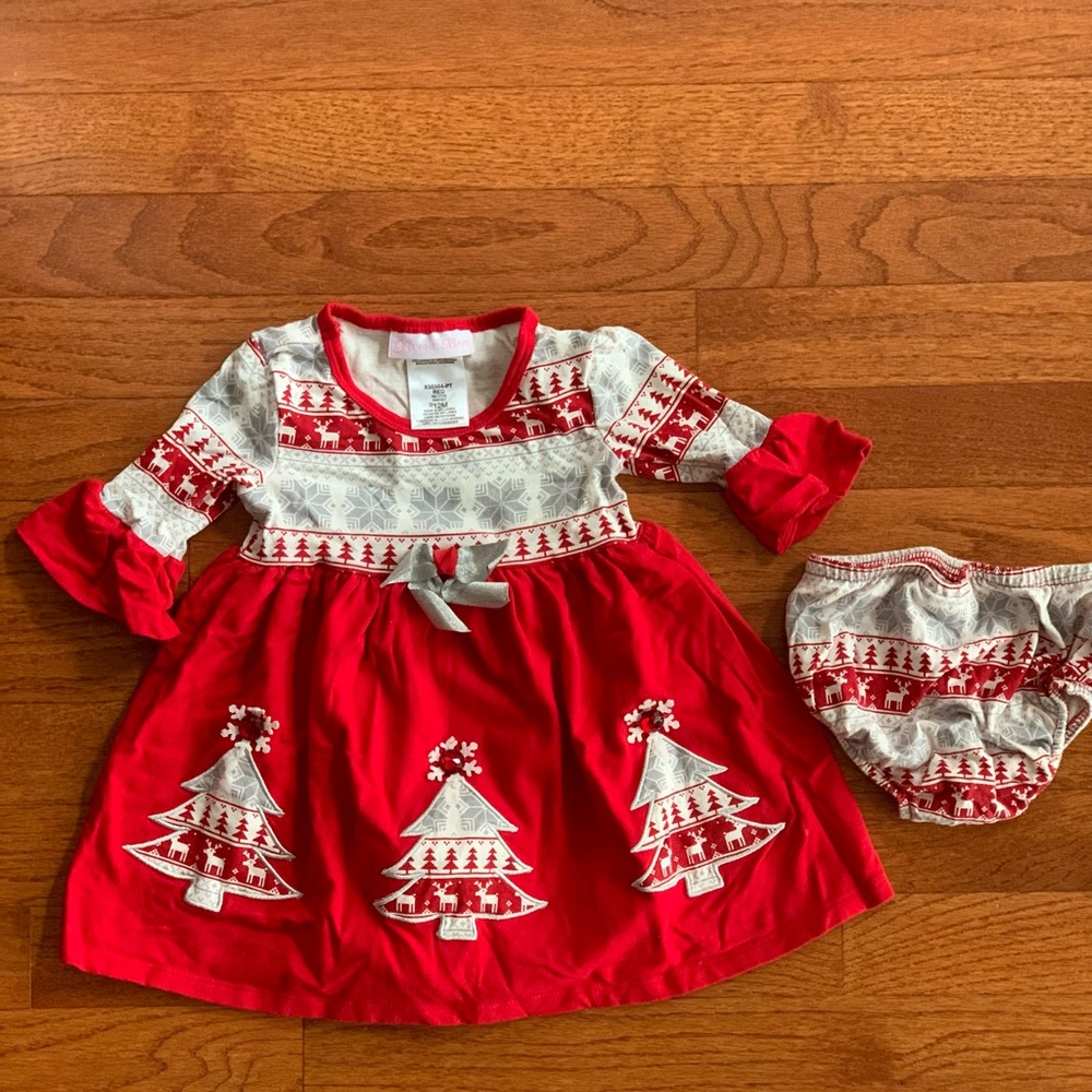 12 month girls Holiday (Christmas tree) dress. Red, white, silver.